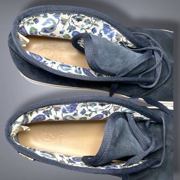 Women's TORY BURCH Blue Suede Cozy Slpper Boots Paisley Lining Rubber Sole EUC - Picture 8 of 12
